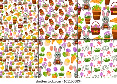 Easter vector cartoon seamless pattern background holiday decoration spring celebration traditional greeting symbols. Easter bunny, chickens, eggs and flower illustration.