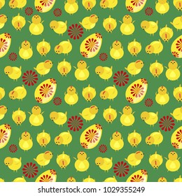 Easter vector cartoon seamless pattern background holiday decoration spring celebration traditional greeting symbols. Easter chickens, eggs and flower illustration.