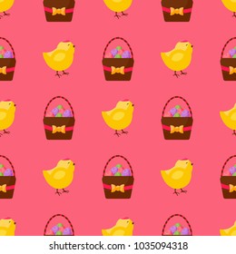 Easter vector cartoon seamless pattern background holiday decoration spring celebration traditional greeting symbols. Easter bunny, chickens, eggs and flower illustration.