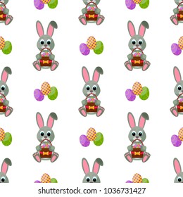 Easter vector cartoon seamless pattern background holiday decoration spring celebration traditional greeting symbols. Easter bunny, chickens eggs and flower illustration.