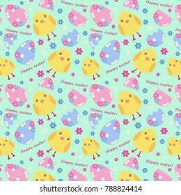 easter vector chickens pattern, painted eggs and flowers on a green background postcard