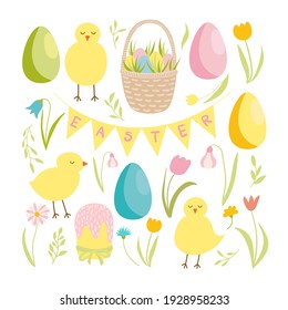Easter vector clip art set. Happy Easter. Different kinds of vector element for April holiday decor. Baby chickens, wicker picnic basket, coloured eggs, garlands, cake, tulips, flowers, leaves.