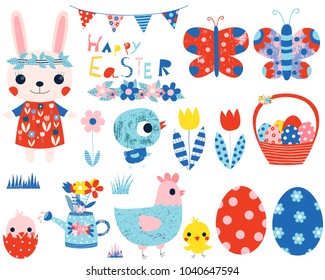 Easter vector collection with cute pink bunny, chicks and hen and colored eggs for invitations and graphic design