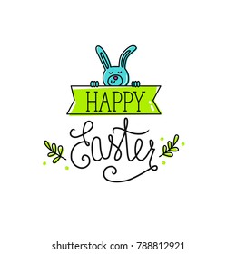 Easter vector composition. Blue dreamy rabbit with spring frame and hand drawn lettering
