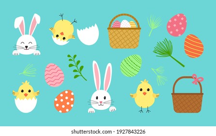 Juego de vectores de Pascua, icono de primavera lindo. Conejo de dibujos animados, huevo, conejo, canasta, polluelo con concha. Ilustración de vacaciones