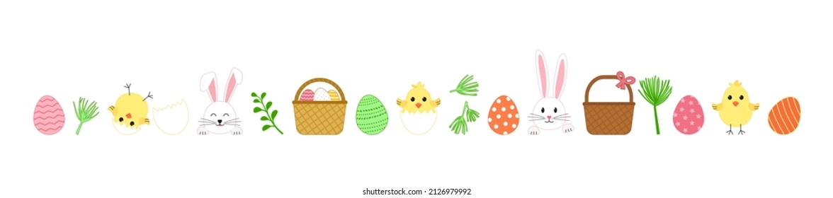 Conjunto lindo vector de pascua, caza de conejo y huevos de dibujos animados, cesta de primavera, polluelo con concha, conejito feliz aislado en fondo blanco. Ilustración de vacaciones