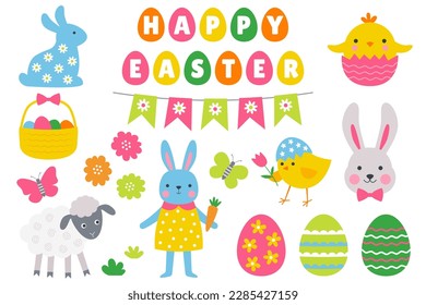 Easter vector design elements (bunny, chick, eggs, sheep)