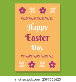 Easter vector design with Happy Easter Day text, floral decorations, and elegant swirls pattern on a warm pastel background. Ideal for greeting cards, invitations, and festive holiday designs.