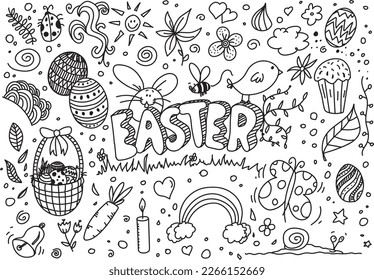 Easter vector doodles with floral elements, artistic hand drawing