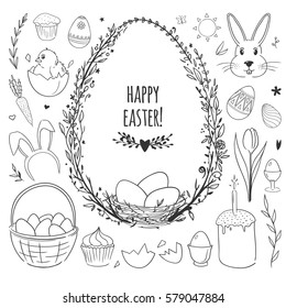 Easter vector doodles set with eggs, chicken, rabbits and flowers isolated on white. 