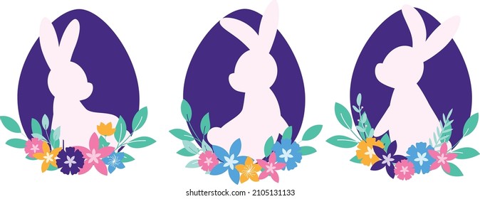 Easter vector drawing of easter eggs with bunnies and flower arrangement