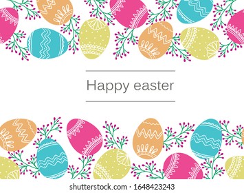 Easter vector eggs composition colored hand drawn on white background. Decorative horizontal stripe from eggs with leaves, great element for your design.