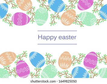 Easter vector eggs composition colored hand drawn on white background. Decorative horizontal stripe from eggs with leaves, great element for your design.