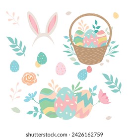 Ostervektor-Element-Sammlung Frühlingselemente Cartoon-Häschen-Ohren, Blumen und Korb