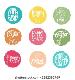 Easter vector elements set in a circle. Colorful design elements for patterns, invitations, prints, greeting cards, sticker. Holiday collection on white isolated background. Lettering, flowers.