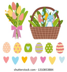 Easter Vector Elements Set Of Spring Tulips Flowers Bouqet, Flower Wreath, Eggs, Teapot And Mug. Cute Bunny Character  