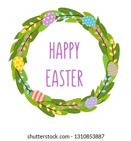 Easter vector elements set of spring tulips flowers bouquet, flower wreath. Cute bunny character  