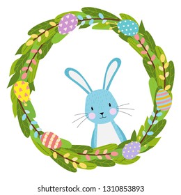 Easter vector elements set of spring tulips flowers bouqet, flower wreath, teapot and mug. Cute bunny character  