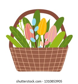 Easter vector elements set of spring tulips flowers bouquet, flower wreath. Cute bunny character  