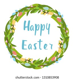 Easter vector elements set of spring tulips flowers bouquet, flower wreath. Cute bunny character  