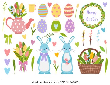 Easter vector elements set of spring tulips flowers bouqet, flower wreath, eggs, teapot and mug. Cute bunny character  