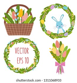 Easter Vector Elements Set Of Spring Tulips Flowers Bouqet, Flower Wreath, Eggs, Teapot And Mug. Cute Bunny Character  