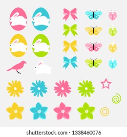Easter vector elements set of spring flowers, eggs, bunny and birds