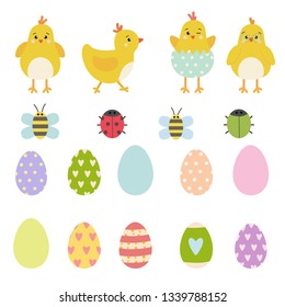 Easter vector elements set of spring yellow chicken characters with funny faces, cute ladybug, beetle and bee. Colored eggs for holy week and egg hunt