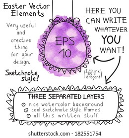 Easter vector elements. Sketchnote style with purple watercolor