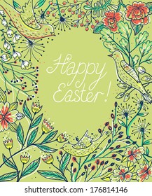 Easter vector floral background with blooming flowers and plants