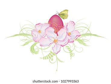 Easter vector floral illustration with egg, butterfly and  apple flowers