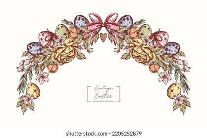 Easter vector graphic illustration. Frame template: Easter eggs, nest, peony, apple flowers, willow and leaves in engraving style. Vintage vector hand drawn for design, packaging, card, invitation