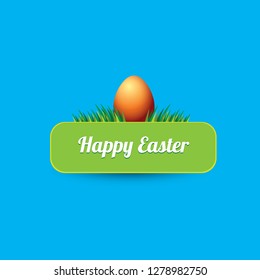 Easter vector green glossy button with color cartoon easter egg and spring grass isolated on blue background. Easter greeting card