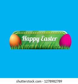 Easter vector green glossy button with color cartoon easter egg and spring grass isolated on blue background. Easter greeting card