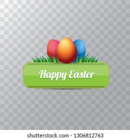 Easter vector green glossy button with color cartoon easter egg and spring grass isolated on transparent background. Easter greeting card