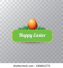 Easter vector green glossy button with color cartoon easter egg and spring grass isolated on transparent background. Easter greeting card