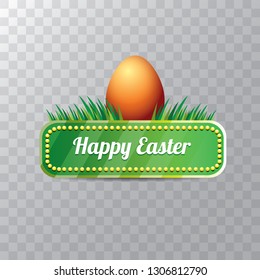 Easter vector green glossy button with color cartoon easter egg and spring grass isolated on transparent background. Easter greeting card