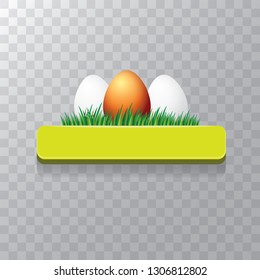 Easter vector green glossy button with color cartoon easter egg and spring grass isolated on transparent background. Easter greeting card