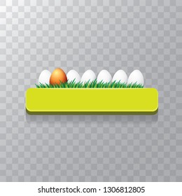 Easter vector green glossy button with color cartoon easter egg and spring grass isolated on transparent background. Easter greeting card