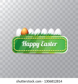 Easter vector green glossy button with color cartoon easter egg and spring grass isolated on transparent background. Easter greeting card