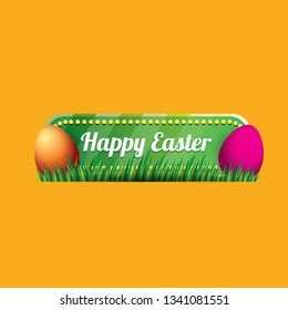 Easter vector green glossy button with color cartoon easter egg and spring grass isolated on orange background. Easter greeting card
