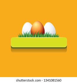 Easter vector green glossy button with color cartoon easter egg and spring grass isolated on orange background. Easter greeting card
