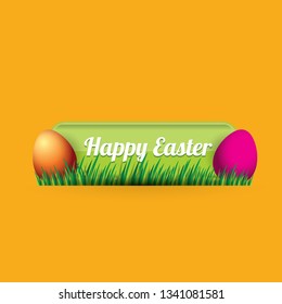 Easter vector green glossy button with color cartoon easter egg and spring grass isolated on orange background. Easter greeting card