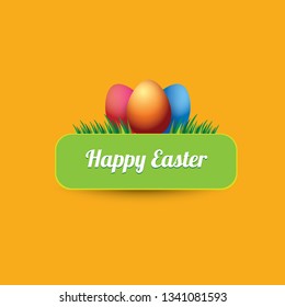 Easter vector green glossy button with color cartoon easter egg and spring grass isolated on orange background. Easter greeting card