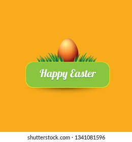 Easter vector green glossy button with color cartoon easter egg and spring grass isolated on orange background. Easter greeting card