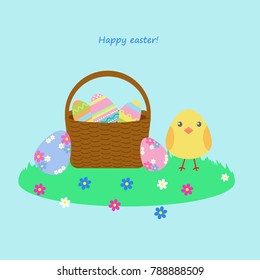 easter vector greeting card basket with painted eggs and chicken on a blue background