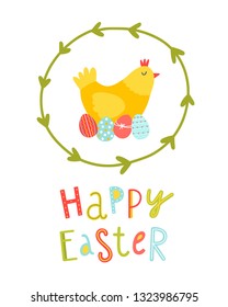 Easter vector greeting card with chicken, colorful eggs, wreath on white background. Spring time graphic design elements