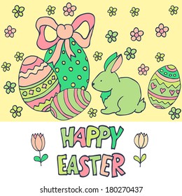 Easter vector greeting card with doodle eggs, rabbit, flowers