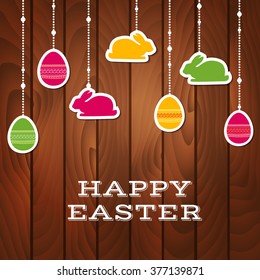 Easter vector greeting card with hanging stickers on a wooden background