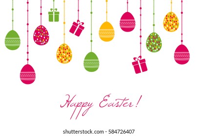 Easter vector greeting card with hanging eggs and gift boxes